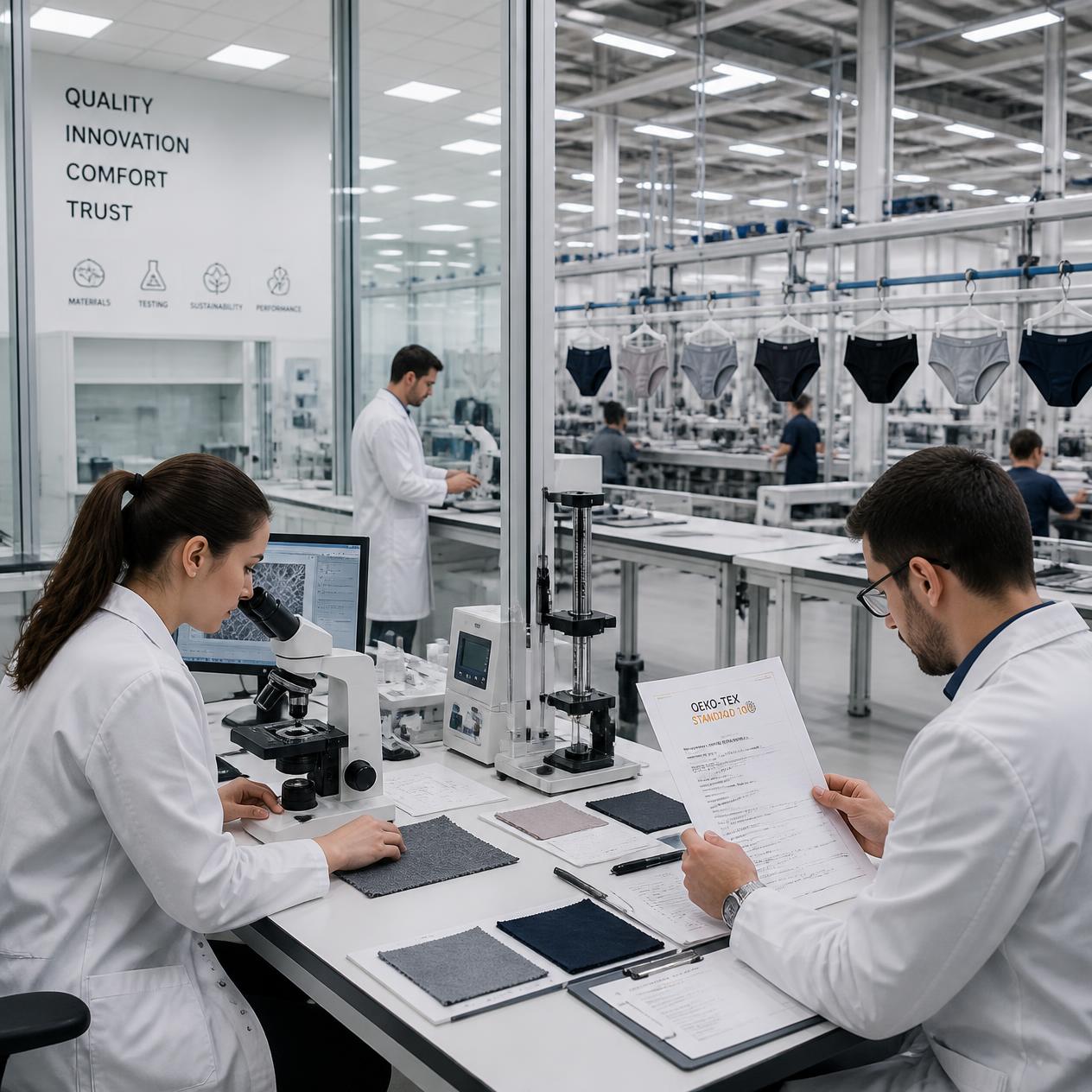 Một ph&ograve;ng th&iacute; nghiệm dệt may hiện đại v&agrave; cơ sở sản xuất đồ l&oacute;t kết hợp th&agrave;nh một khung cảnh. Ở ph&iacute;a trước, c&aacute;c kỹ thuật vi&ecirc;n mặc &aacute;o kho&aacute;c ph&ograve;ng th&iacute; nghiệm sạch đang kiểm tra c&aacute;c mẫu vải v&agrave; t&agrave;i liệu chứng nhận b&ecirc;n cạnh k&iacute;nh hiển vi an.jpg